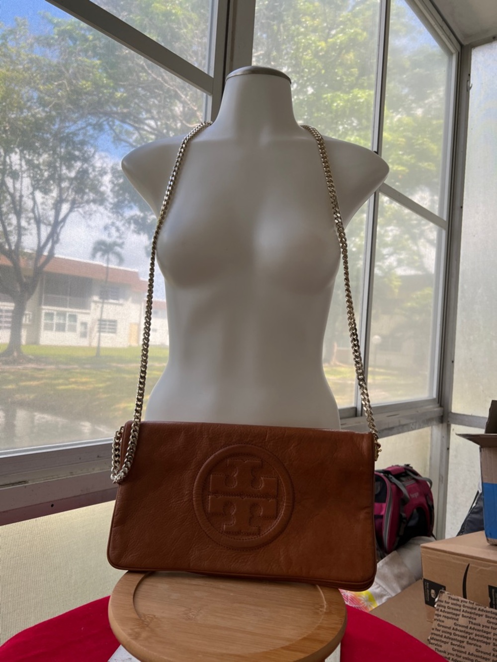 Tory Burch Reva Bombe Clutch Leather Crossbody with Logo and Chain Strap